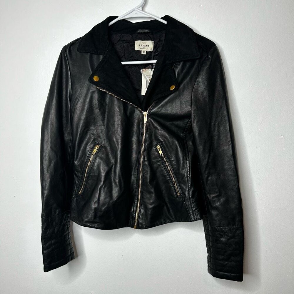 Sezane Black Leather Moto Jacket Size M Full Zip Retro Classic NWT Timeless